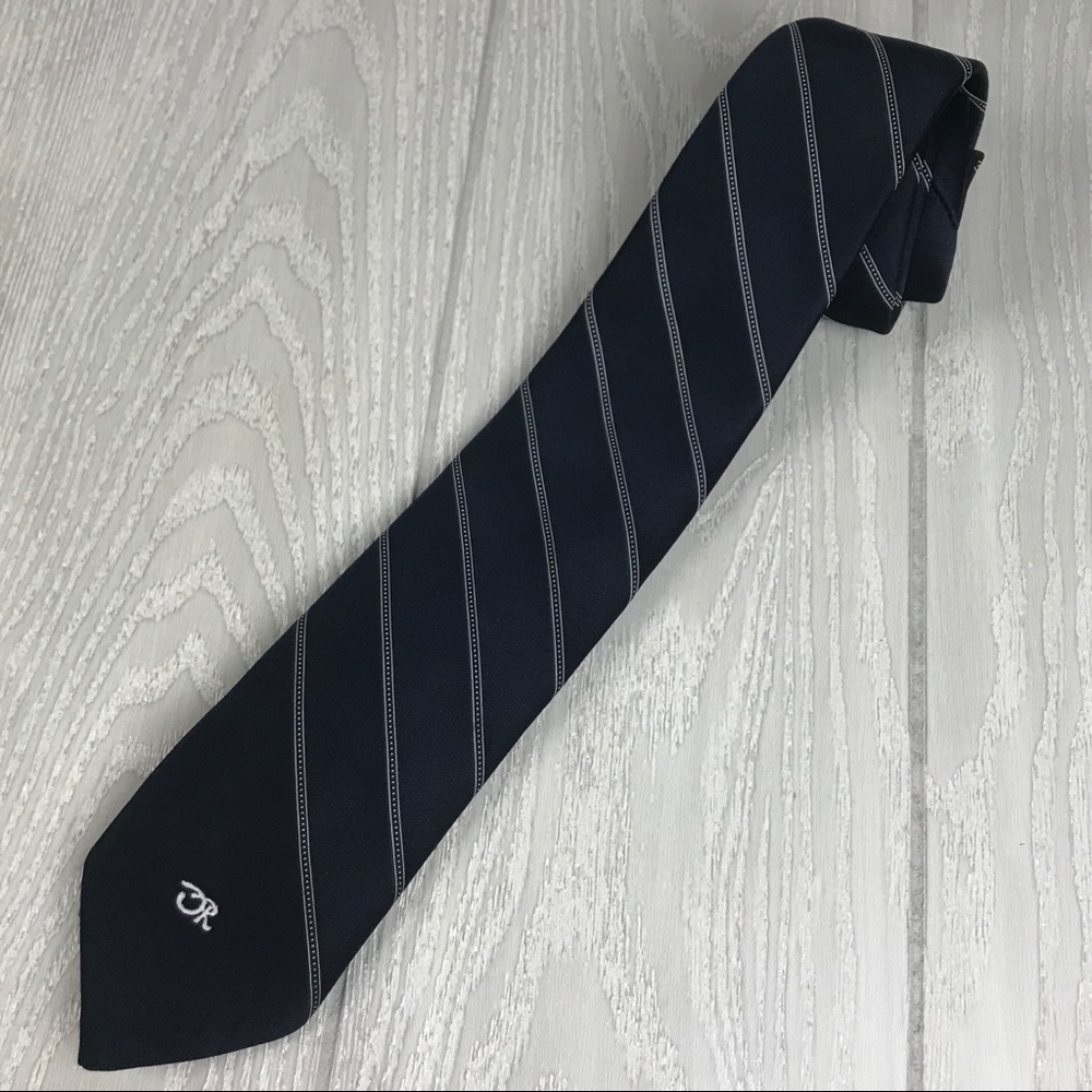 Oscar de la Renta navy blue striped pattern embroidered logo necktie